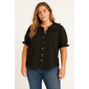 Pilcro | Anthropologie Black 1X Textured Button Front Blouse Ruffle Collar Boho